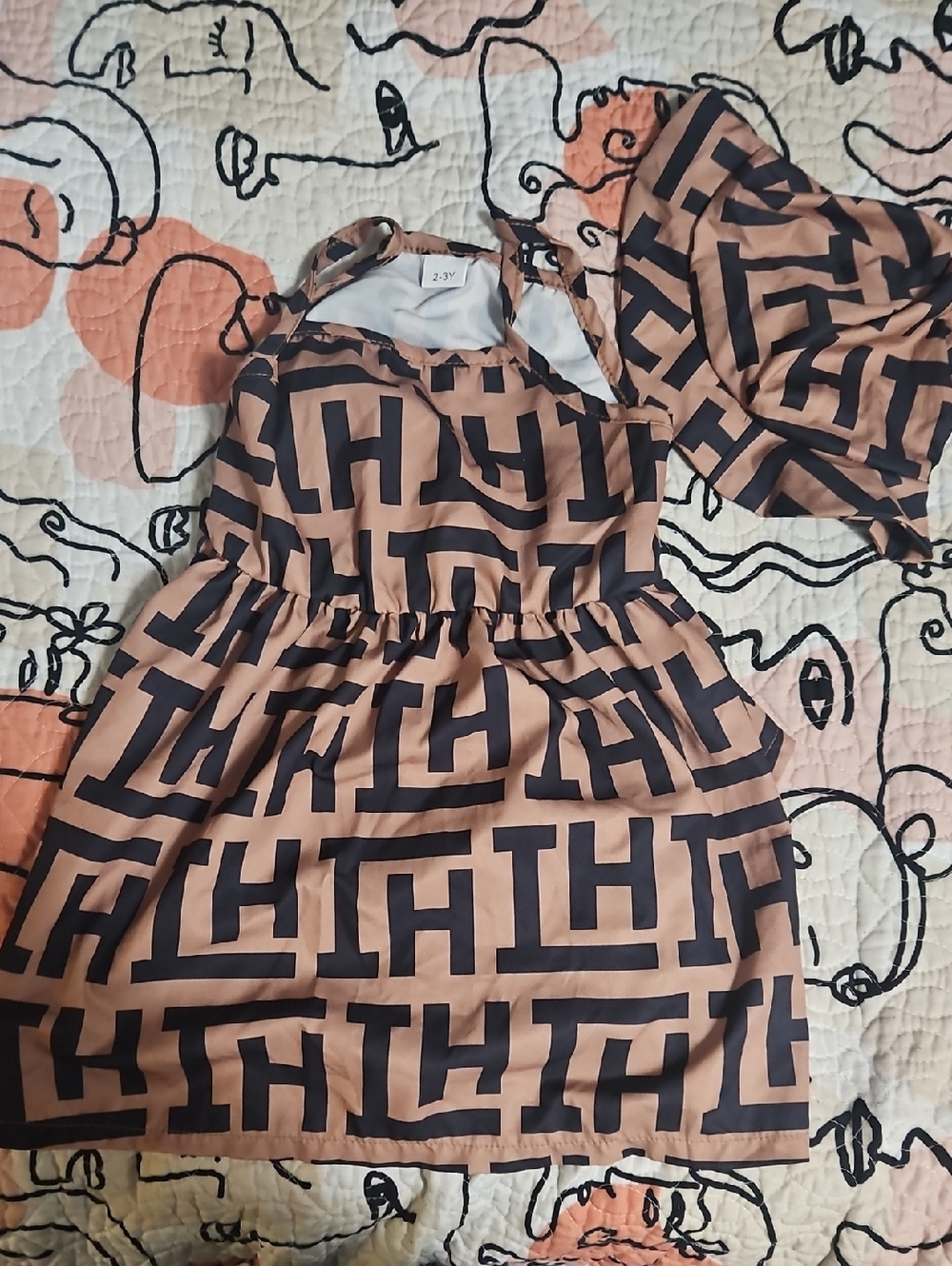 Girls Beige and Black Printed Halter Dress With Hat